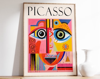 Cartel de la exposición Rostros abstractos de Picasso, arte mural retro