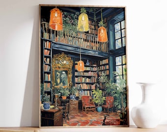 以下が含まれることがあります： 高い天井、本棚、大きな窓のある図書館の内部を描いた絵画。部屋は植物、ランプ、家具で飾られています。絵画は、大胆な色と筆致で絵画的なスタイルで描かれています。
