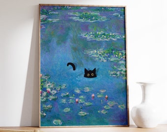 Monet Waterlily Cat Art Print, Floral Cat Poster