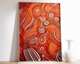 May include: A framed abstract painting with a red, orange, and white color scheme. The painting features a swirling pattern of dots and lines.