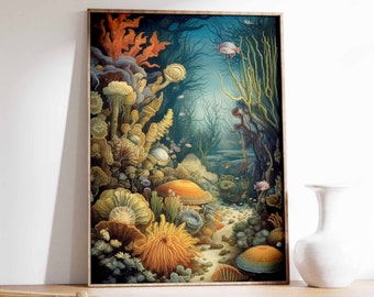 Puede incluir: Una ilustración enmarcada de una escena submarina vibrante con corales, algas y peces. El coral es en tonos de naranja, amarillo y blanco, mientras que las algas son verdes y marrones. Los peces son de varios colores, incluyendo azul, rojo y amarillo.