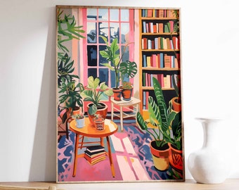 Vintage Bookshop Art Print, Retro Library, Plant Room Decor