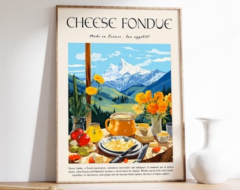 Cheese Fondue Poster, French Food Art, Kitchen Decor, Kitchen Poster, Cooking Art, Retro Print, Recipe Art, Food Gift