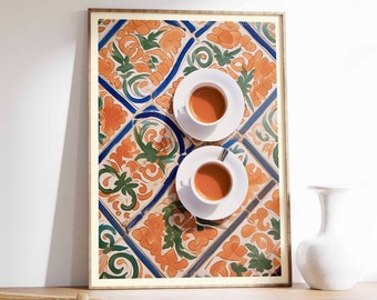 Impression de tasse à café marocaine, art de carreaux de café vintage