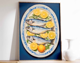 Fish Food Print, Sardines Food Poster, Vintage Kitchen Decor, Food Illustration Art, Food Poster, Cafe Poster Decor. Gift for Chef