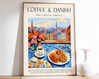 Coffee Poster, Danish Pastry Food Poster, Dessert Print, Cooking Poster, Baking Print, Kitchen Decor, Vintage Food Print, Food Gift