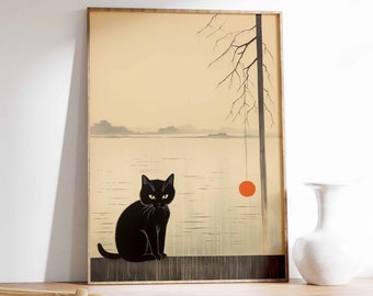 Japanese Cat Art Print, Minimalist Oriental Decor