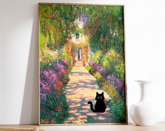 Monet Artists Garden Cat Print, Claude Monet Cat Poster, Cat Art, Cat Gift, Animal Art, Floral Print, Wall Art Decor, A1/A2/A3/A4