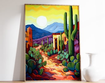 Mexican Desert Art Print, Colorful Cactus Landscape, Latin Decor
