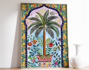 May include: A framed print of a colorful illustration of a palm tree in a pot with flowers and foliage. The print has a blue, green, and yellow border with a repeating pattern.