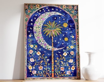 May include: A framed art print featuring a vibrant illustration. A crescent moon and palm tree are central, surrounded by stars and floral details against a deep blue backdrop. The artwork is framed in a wooden border, with floral accents.