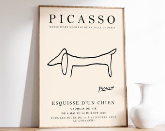 May include: A black and white line drawing of a dog by Pablo Picasso. The drawing is framed and has the text "PICASSO" and "MUSEE D'ART MODERNE DE LA VILLE DE PARIS" at the top. The text "ESQUISSE D'UN CHIEN" is at the bottom of the frame.