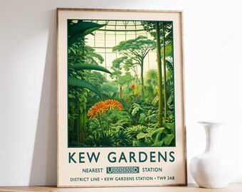 May include: A vintage poster advertising Kew Gardens in London. The poster features a lush green jungle scene with a glass greenhouse in the background. The text on the poster reads "Kew Gardens" and "Nearest Underground Station District Line - Kew Gardens Station - TW9 3AB."