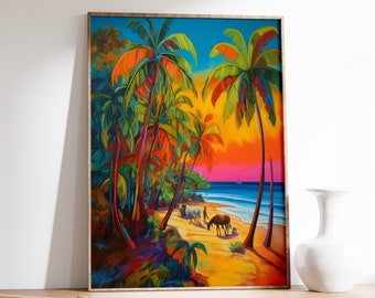Può includere: Un dipinto incorniciato che rappresenta una scena tropicale con palme, una spiaggia e un gruppo di persone che camminano con i cavalli. Il cielo è di un arancione e rosa vibrante, e l'acqua è di un blu profondo.