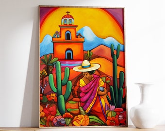 Mexican Culture Art Print, Colorful Vintage Floral Poster