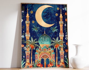 May include: A framed illustration of a mosque with a crescent moon and stars in the night sky. The mosque is decorated with intricate details and colorful patterns. Palm trees and flowers surround the mosque.
