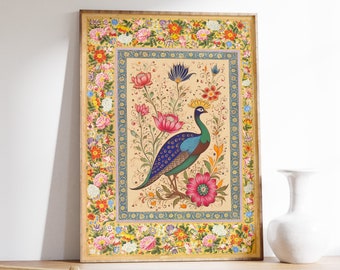 Indian Floral Peacock Print, Traditional Wall Art