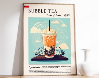 Może przedstawiać: Plakat w stylu retro z kreskówkową ilustracją szklanki bubble tea z perełkami tapioki. Plakat ma niebieskie tło z białymi chmurami i tekst "BUBBLE TEA Taste of Taiwan... 乾杯!" oraz "Ingrediente: LOOSE-LEAF BLACK TEA, CASTER SUGAR, QUICK-COOK TAPIOCA, WHOLE WILK, DARK BROWN SUGAR".