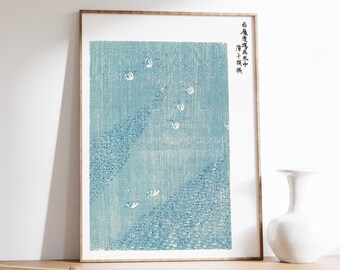 Japanese Woodblock Print, Blue Lake Birds by Taguchi Tomoki