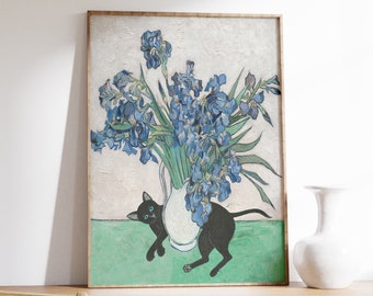 Van Gogh Floral Cat Print, Van Gogh Cat Poster, Irises by Van Gogh, Cat Art, Floral Print, Animal Poster, Animal Gift, Wall Art Decor