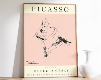 Cartel de la exposición "El gato" de Picasso, lámina artística de dibujo lineal vintage.