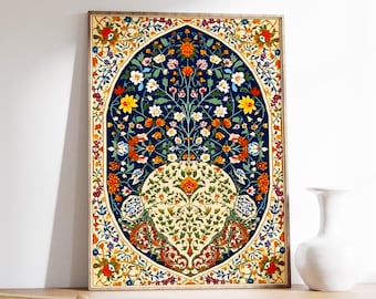 May include: A framed print of a colorful floral design with a blue background. The design features a central motif of a tree with flowers and leaves, surrounded by a border of intricate patterns and smaller floral elements.
