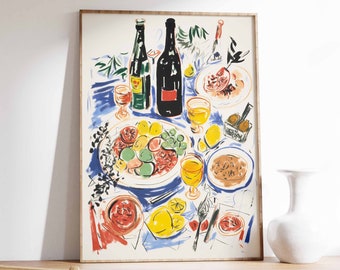 Retro Dinner Party Food Poster, Vintage Kitchen Illustration Art