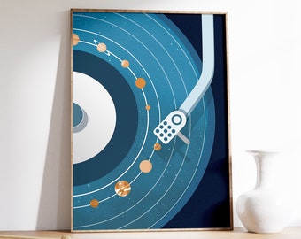May include: A framed print of a blue and white record with a gold record player arm. The record is a representation of the solar system with planets in gold and white.
