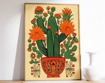 Vintage Mexican Cactus Art Print, Colourful Floral Poster