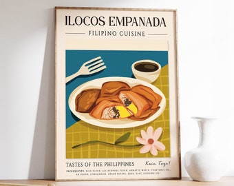 May include: A poster with a retro illustration of Ilocos Empanada, a Filipino cuisine. The poster has a blue background with a yellow checkered pattern and a white plate with empanadas, a fork, and a small cup of sauce. The text on the poster reads "Ilocos Empanada, Filipino Cuisine, Tastes of the Philippines, Kain Tayo!" and lists the ingredients for the dish.