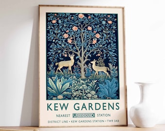 May include: A vintage-style poster with a blue and green floral design featuring two white deer. The poster reads "Kew Gardens" with the text "Nearest Underground Station District Line - Kew Gardens Station - TW9 3AB" underneath.