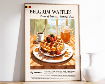 Belgian Waffles Poster, Kitchen Food Print, Dessert Art