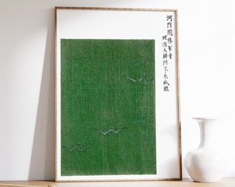 Japanese Woodblock Print, Green Birds, Vintage Oriental Decor