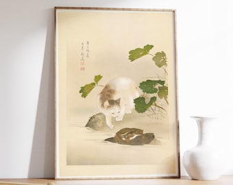 Poster di gatti giapponesi, stampa d'arte di gatti giapponesi, gatto e rana, decorazione d'arte da parete di animali, stampa d'arte di animali, regalo per gli amanti dei gatti, orientale, A1/A2/A3/A4