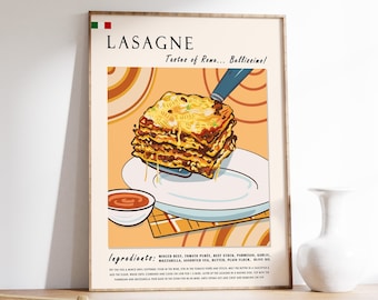 Italian Lasagne Art Poster, Retro Food Print, Rome Kitchen Decor