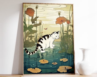 Vintage Ukiyo-e Cat Print, Japanese Animal Art Poster