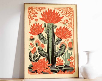 Vintage Mexican Cactus Poster, Colourful Mexican Art Print, Traditional Mexican Artwork, Floral Vintage Poster, Latin Decor, Cultural Gift