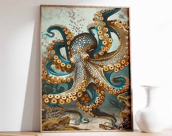 ヴィンテージのタコの絵画、日本のタコの版画、落ち着いたグリーンの