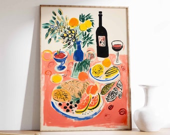 Dinner Table Food Print, Retro Food Art, Vintage Kitchen Poster, Kitchen Decor, Food Illustration Art, Food Poster, Gift for Chef