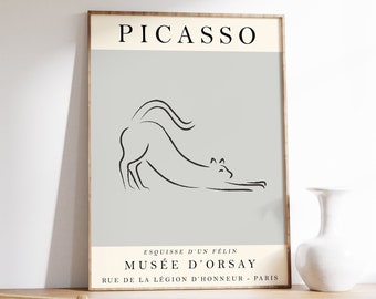 Affiche de l'exposition de dessin au trait Picasso, affiche chat gris, art animalier, impression d'art Picasso, cadeau animal, art déco mural