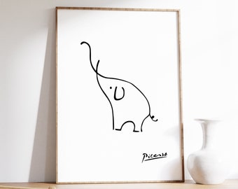 May include: A black and white line drawing of an elephant by Pablo Picasso. The drawing is framed and hanging on a white wall.