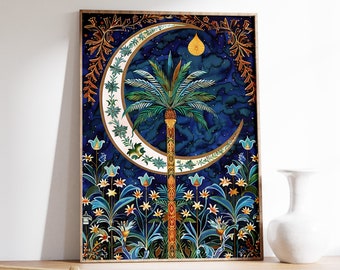 May include: A digital art print featuring a stylized palm tree growing from a crescent moon. The background is a dark blue with white stars and a golden yellow drop of water. The palm tree is surrounded by a variety of flowers and plants in shades of blue, green, and yellow.