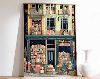 May include: A framed illustration of a bookstore at night with a starry sky. The bookstore has two large windows filled with books, a door, and a balcony with more books. The text "Treasure and adventure await you" and "Lessons Learned and Things Discovered" are visible on the windows.