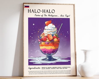 May include: A framed poster featuring a colorful illustration of Halo-Halo, a Filipino dessert. The image shows a layered dessert in a glass, topped with whipped cream and fruit. Text on the poster reads "HALO-HALO" and "Taste of The Philippines... Kain Tayo!"