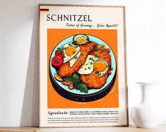 Österreichisches Schnitzel Essen Poster, Österreichischer Essensdruck, Europäisches Essen Poster, Küchendeko, Food Art, Retro Print, Essen Geschenk, Österreichisches Geschenk