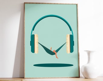May include: A teal green illustration of a person relaxing in a hammock suspended between two large headphones. The background is a light teal green.