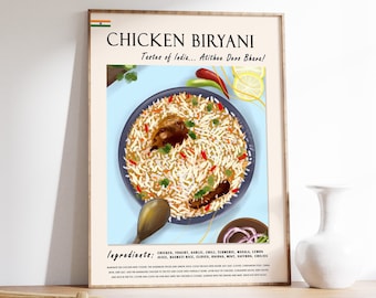 Póster de comida india de pollo biryani, arte culinario indio, decoración de cocina, póster de curry, arte indio, cocina india, póster de cocina, regalo gastronómico