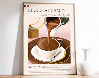 French Chocolat Chaud Poster, Hot Chocolate Dessert Print, Kitchen Decor