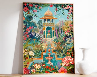 May include: A framed illustration of a colourful, ornate garden with a blue and gold pavilion in the centre. The garden features a variety of flowers, plants, and trees, including roses, lilies, and palm trees. The pavilion has a domed roof and intricate details.