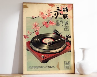May include: Vintage-style poster featuring a red turntable with a vinyl record. The poster has Japanese text and a cherry blossom branch. The background is a light blue and beige color.